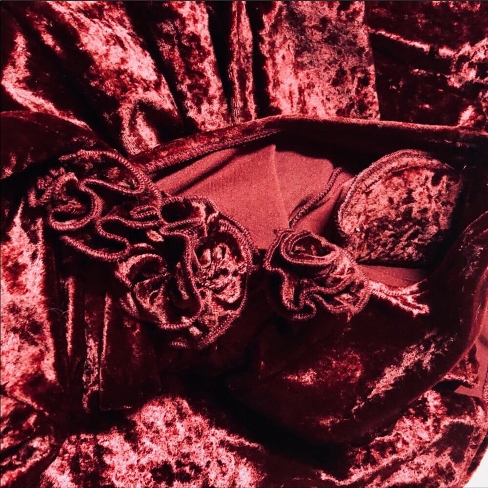VINTAGE Maroon Burgundy Crushed Velvet Long Sleeve Midi Rosette Applique Dress 6 - Picture 8 of 8